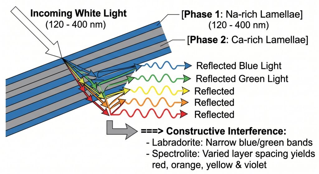 Labradorescence mechanism optical thinfilm interference in feldspar sians emporium Diagram illustrating labradorescence caused by constructive interference of white light reflecting off alternating sodium rich and calcium rich lamellae in labradorite and spectrolite