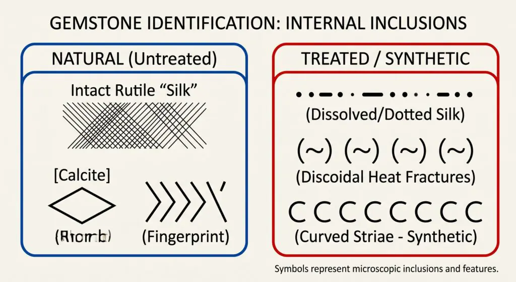 Comparison diagram showing internal gemstone inclusions natural untreated gems with intact rutile silk calcite rhomb and fingerprint patterns versus treated or synthetic gems with dissolved silk discoidal heat fractures and curved striae