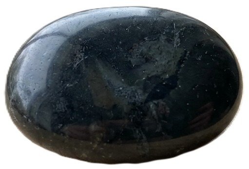 Smooth polished oval black jasper palm stone displaying subtle natural surface texture and reflective luster on a white background