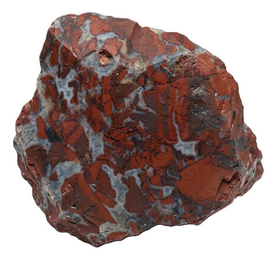 Rough brecciated red jasper mineral specimen showing angular brick red fragments cemented with grey and white chalcedony quartz veining