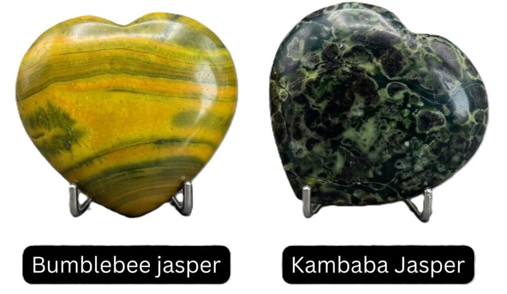 Realvsfakebumblebeekambabajasper sians emporium Polished bumblebee jasper and kambaba jasper carved hearts side by side on display stands showing genuine mineral banding orbicular patterns and natural surface textures