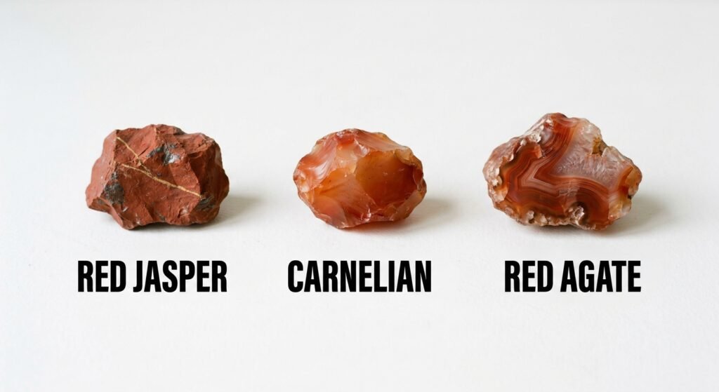 Comparison of raw red jasper translucent carnelian and banded red agate rough specimens side by side on a white background