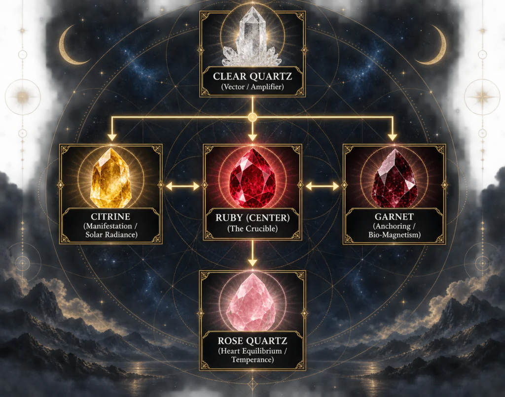 Crystal energy diagram showing ruby connected to clear quartz citrine garnet and rose quartz in a celestial grid