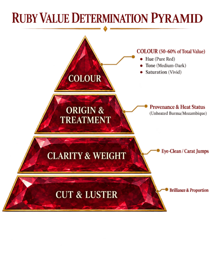 Ruby value determination pyramid gemstone grading guide sians emporium Ruby value determination pyramid showing colour origin and treatment clarity and weight and cut and lustre as key factors affecting ruby value