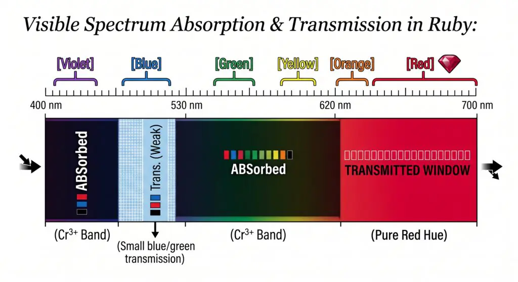 A scientific chart illustrating the visible spectrum absorption and transmission in a ruby showing broad absorption bands caused by chromium ions cr3+ in the violet and green yellow regions and a narrow transmission window in the red region that creates the gemstone's pure red hue.