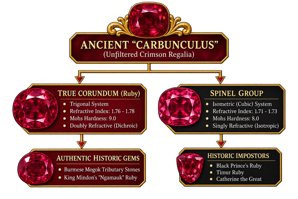 Ruby vs spinel gemological differences and historical impostors chart sians emporium Infographic comparing ancient carbunculus into true corundum ruby versus spinel group gemological properties authentic historic rubies and famous spinel impostors
