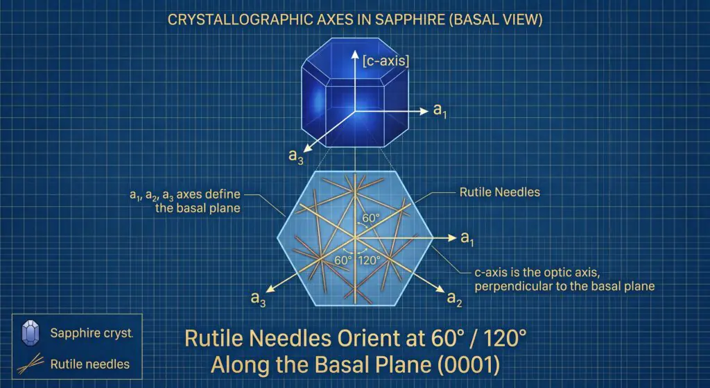 Crystallographic diagram of a sapphire showing a1 a2 and a3 axes along the basal plane 0001 with rutile silk needles intersecting at 60 and 120 degrees perpendicular to the c axis