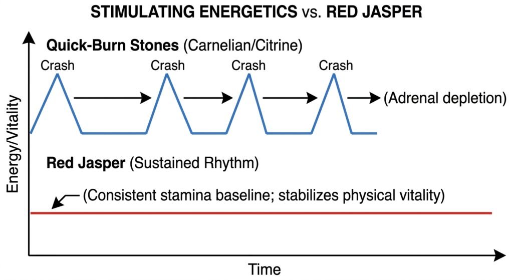 Line graph comparing fluctuating energy crashes of quick burn crystals like carnelian and citrine with the steady sustained vitality of red jasper over time
