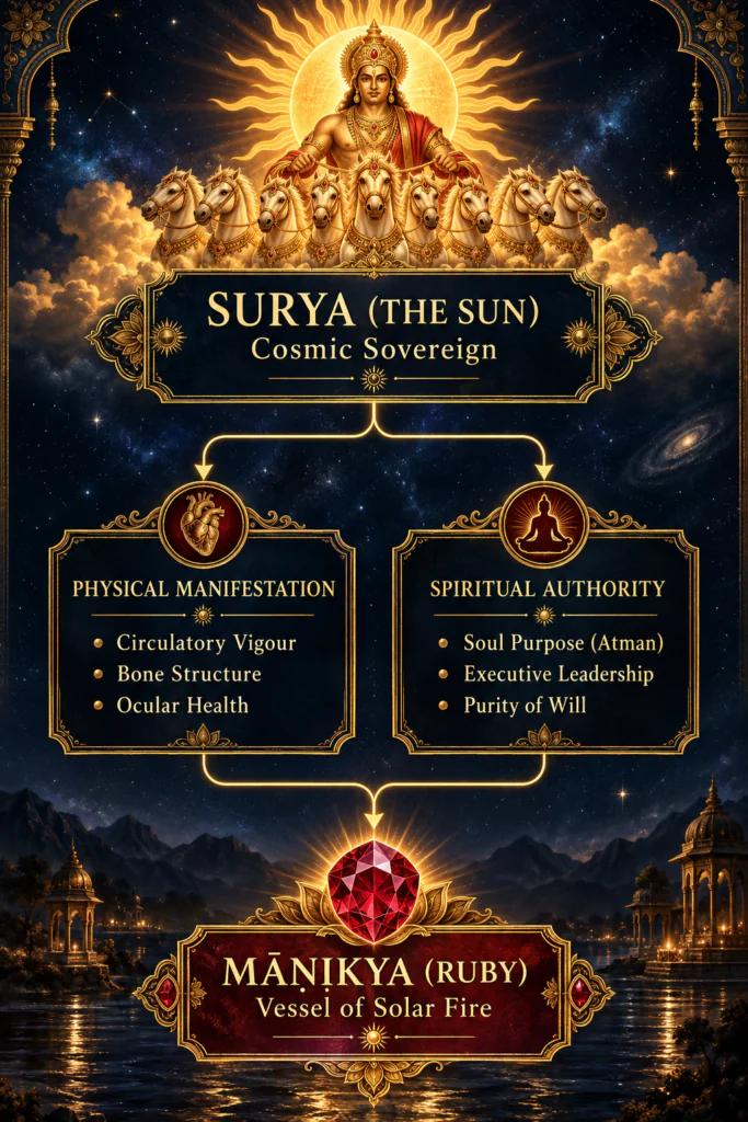 Infographic connecting surya the hindu sun deity with physical vitality spiritual authority and māṇikya ruby as a vessel of solar fire