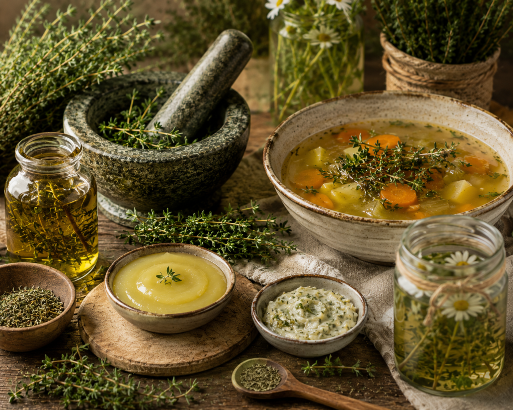 Traditional herbal recipes featuring thyme sians emporium Rustic collection of traditional herbal thyme recipes with fresh thyme herbal infusion infused oil vegetable broth and mortar and pestle