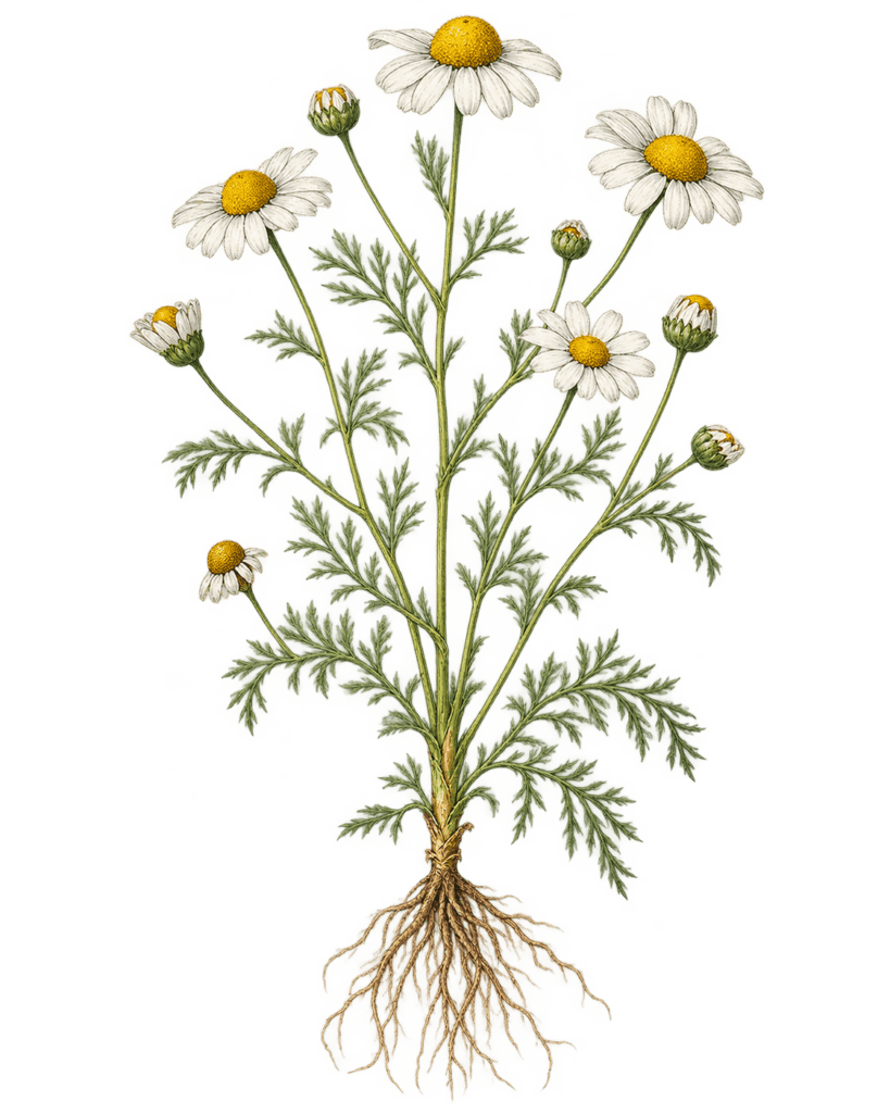 Victorian chamomile botanical illustration with roots sians emporium Chamomile plant with white daisy like flowers yellow centers feathery green leaves and visible roots