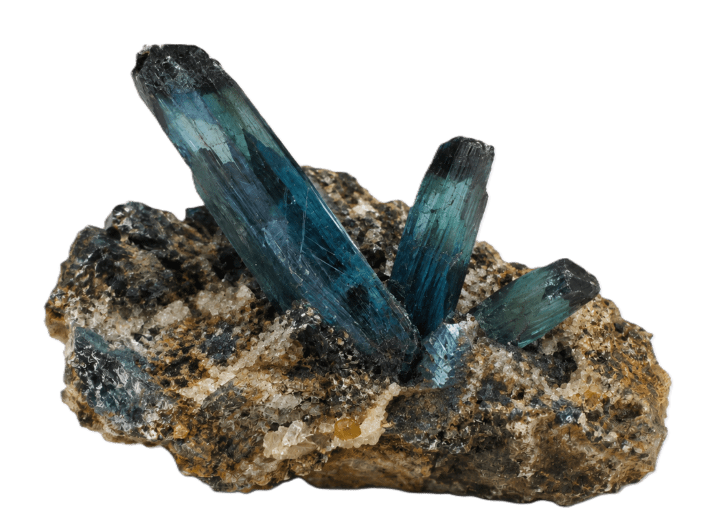 Photorealistic vivianite crystal specimen sians emporium Photorealistic vivianite mineral specimen with deep blue green prismatic crystals on a natural rocky matrix and transparent background