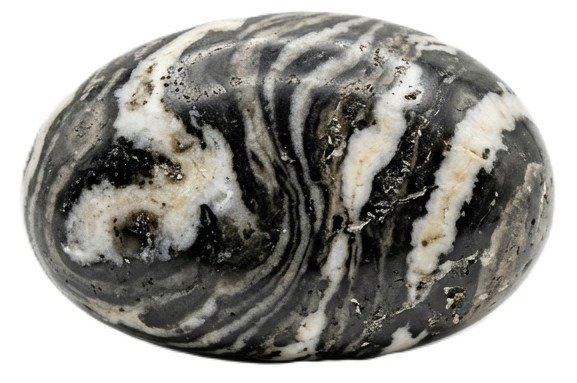 Polished zebra jasper oval palm stone displaying high contrast swirled black and white sedimentary banding