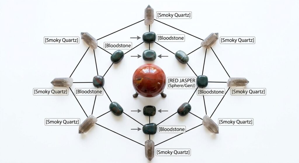 A geometric star tetrahedron crystal grid schematic on a white background featuring labels like smoky quartz bloodstone and red jasper spheregen to identify the positions of twelve specific crystals including a central red jasper sphere on a stand