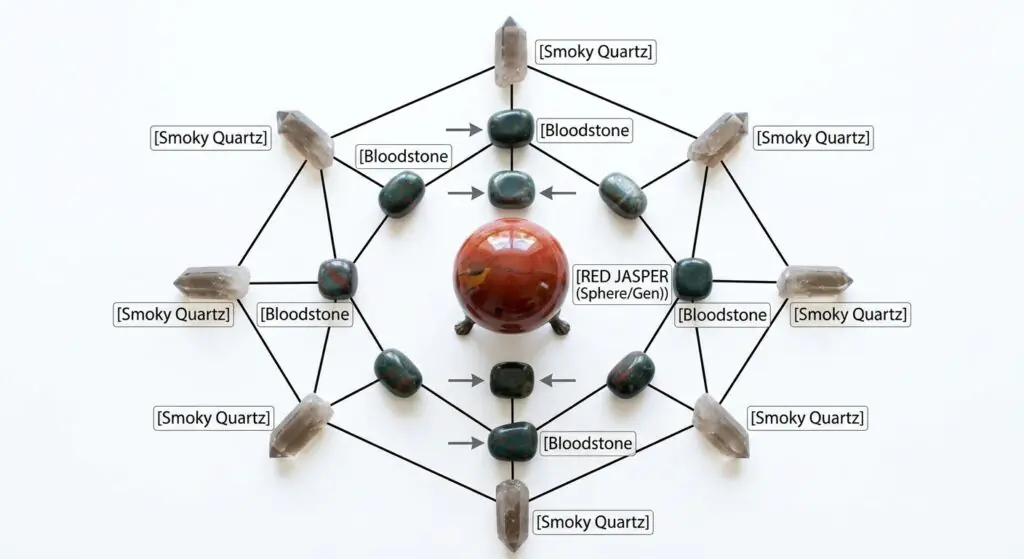 Smoky quartz and bloodstone star tetrahedron crystal grid schematic with central red jasper sphere sians emporium A geometric star tetrahedron crystal grid schematic on a white background featuring labels like smoky quartz bloodstone and red jasper spheregen to identify the positions of twelve specific crystals including a central red jasper sphere on a stand