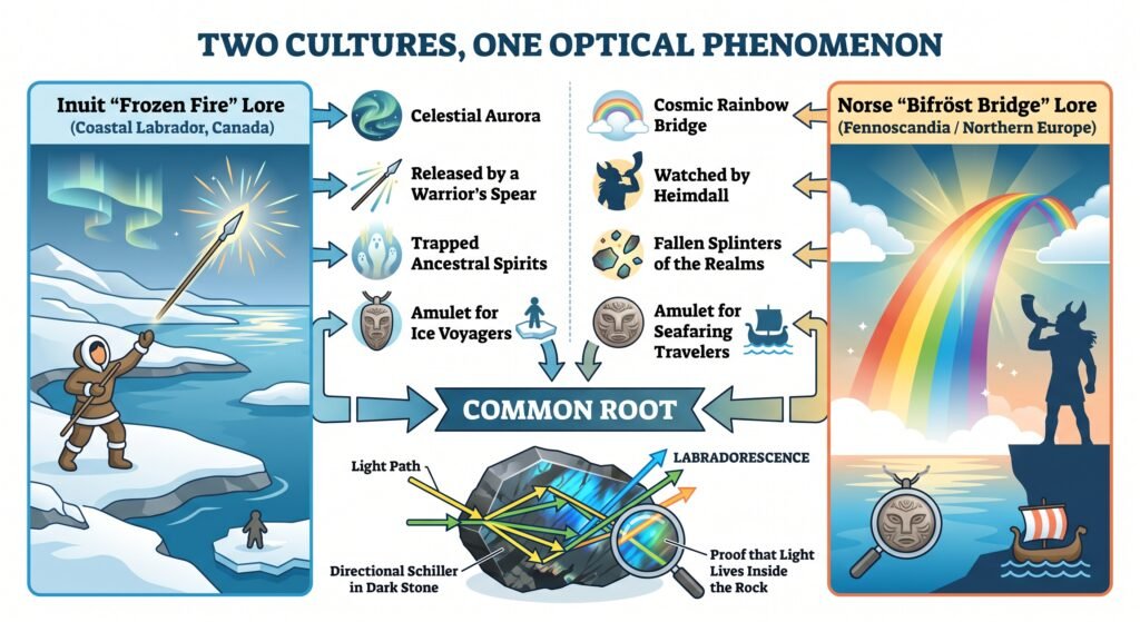 Infographic comparing inuit frozen fire lore featuring a warrior releasing lights with a spear and norse bifröst bridge lore showing heimdall and a cosmic rainbow Both traditions are linked to a common geological root labradorescence the directional schiller in dark stone