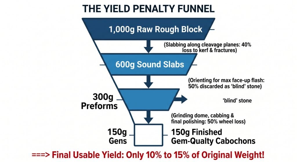 A flowchart titled the yield penalty funnel showing the weight reduction from a 1000g raw rough block to 150g of finished gem quality cabochons The funnel details a 40 loss during slabbing a 50 loss for blind stone selection and a further 50 wheel loss during final polishing